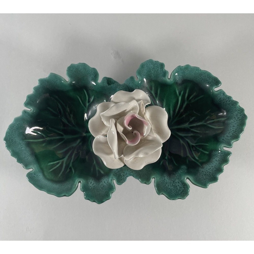 Vintage USA Pottery‎ Leaf and Rose Divided Dish Mid Century Trinket Bowl